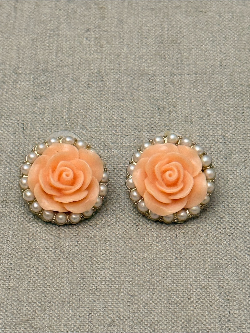 Vintage Coral Rose Pearl Stud Earrings